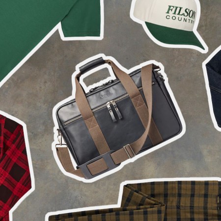 A collage of gear from the Filson Warehouse Sale on a camo background