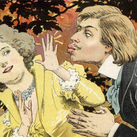 illustration showing a man leaning in with puckered lips to kiss a woman as the unwilling object of his affection pulls away with hands up in the air to shield her face