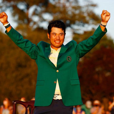 Hideki Matsuyama of Japan celebrates during the Green Jacket Ceremony after winning the Masters at Augusta National Golf Club on April 11, 2021 in Augusta, Georgia.