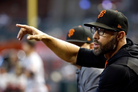 Manager Gabe Kapler #19 of the San Francisco Giants gestures during the game against the Arizona Diamondbacks at Chase Field on September 25, 2022 in Phoenix, Arizona. The Giants beat the Diamondbacks 3-2.