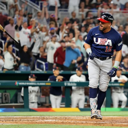 Kyle Schwarber #12 of Team USA reacts after hitting a solo home run in the eighth inning against Team Japan during the World Baseball Classic Championship at loanDepot park on March 21, 2023 in Miami, Florida.