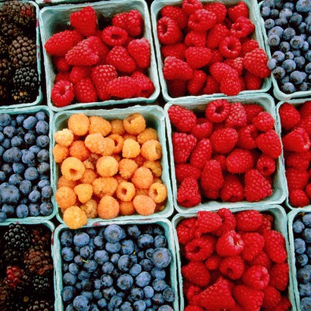 Raspberry, blueberry and blackberry punnets at Farmers Market