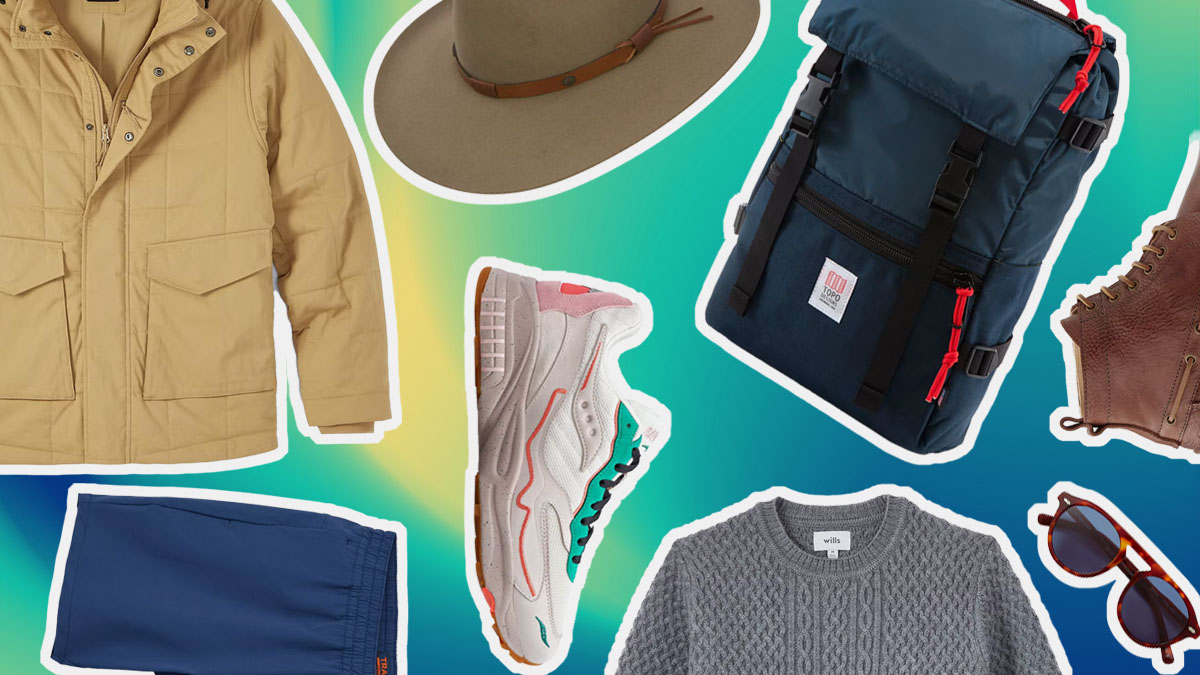 a collage of items from the Huckberry sale on sale on a blue and green gradient background