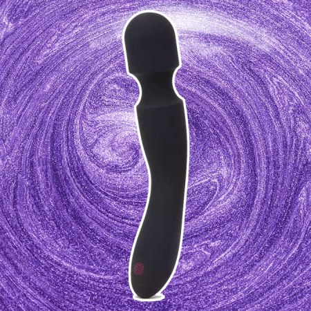 The Mantric Rechargeable Vibrator Wand, now just $40, on a purple swirly background