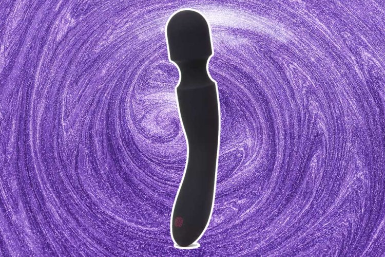 The Mantric Rechargeable Vibrator Wand, now just $40, on a purple swirly background