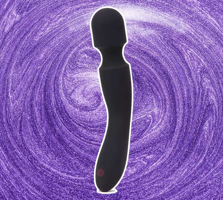 The Mantric Rechargeable Vibrator Wand, now just $40, on a purple swirly background