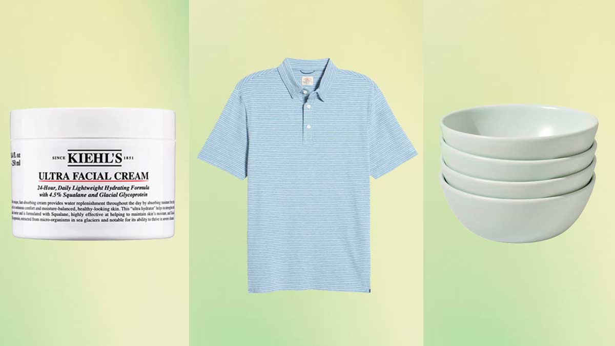 Kiehl's moisturizer, Faherty polo and bowls, on a green background