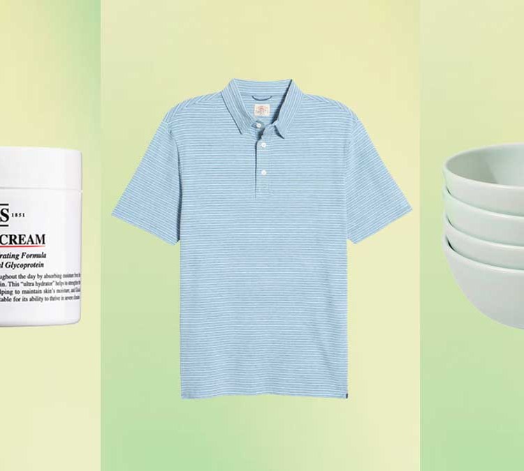 Kiehl's moisturizer, Faherty polo and bowls, on a green background