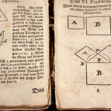 Mathematics textbook from 1743 year, geometry problem, Pythagorean theorem