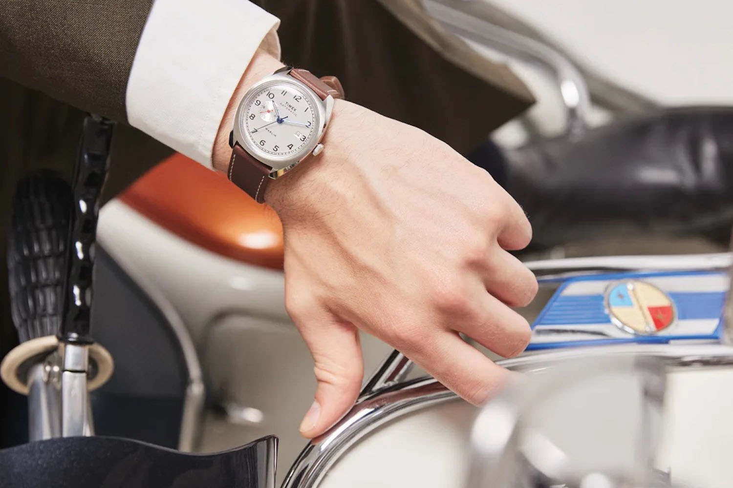 a model wearing a Timex Marlin Automatic Sub-Dial watch