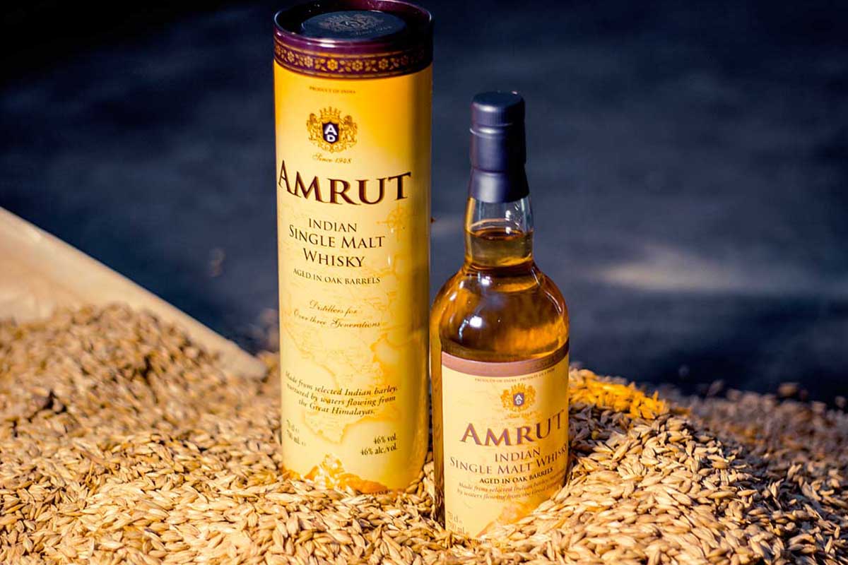 A bottle of Amrut Indian Single Malt Whisky. Amrut is part of a growing trend of Indian single malts gaining popularity.