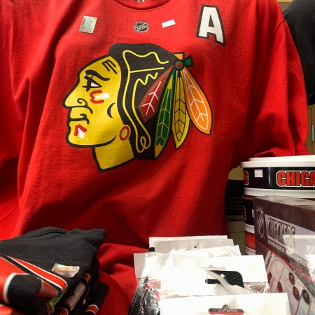 Chicago Blackhawks logo is seen on a t-shirt in the shop in Chicago, United States on October 19, 2022