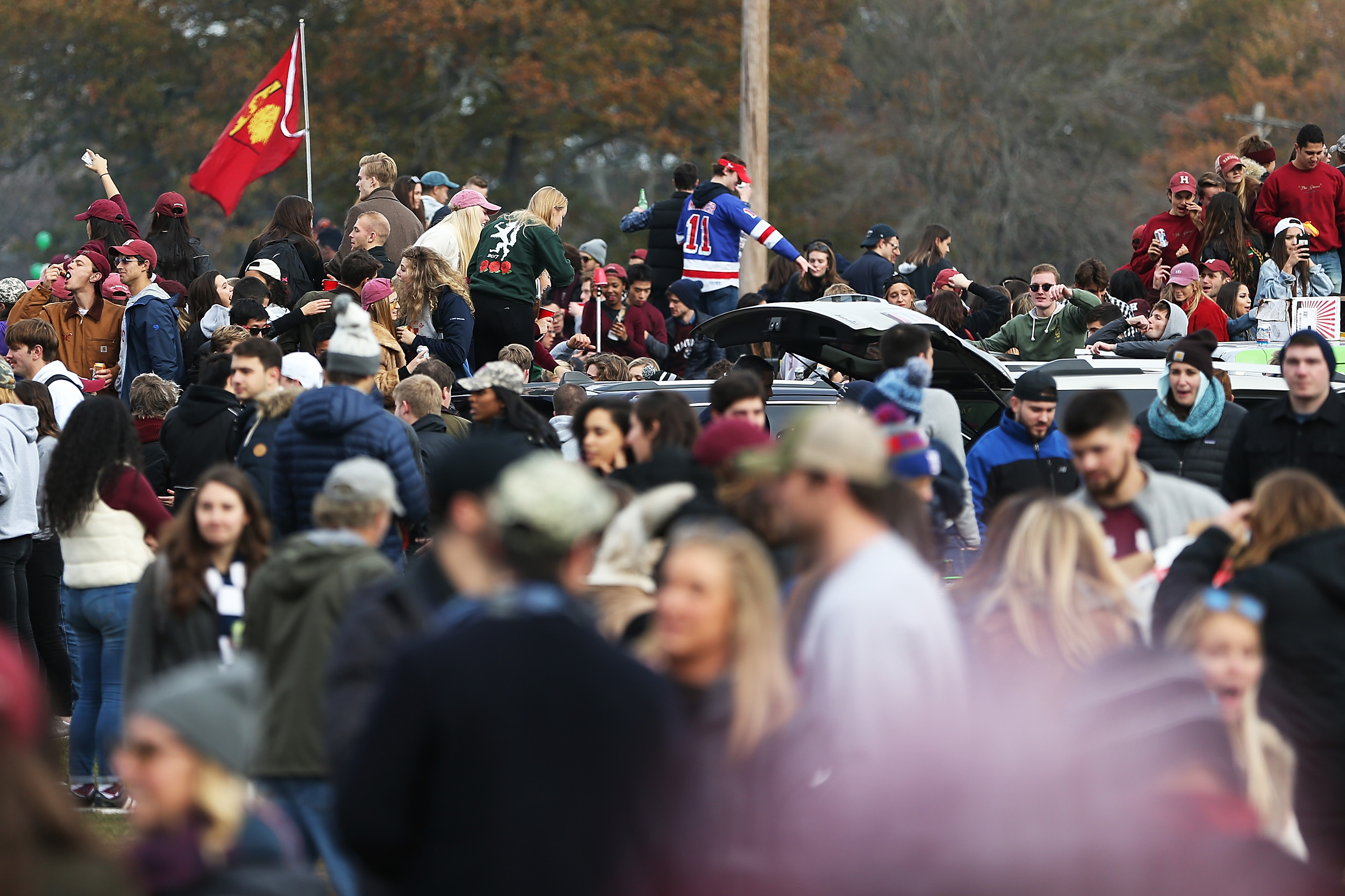 A photo of a college tailgate party, where students are now engaging in a drinking trend with "borgs"