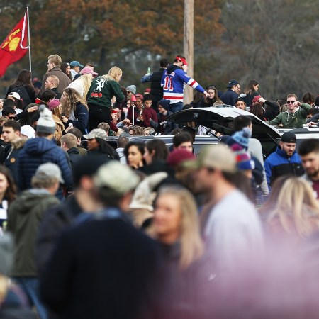 A photo of a college tailgate party, where students are now engaging in a drinking trend with "borgs"