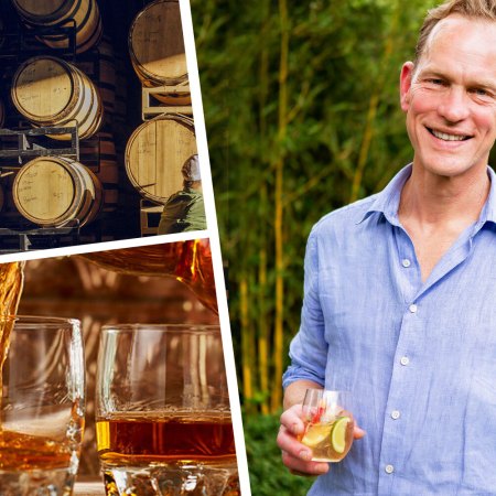 Compass Box Whisky founder John Glaser; barrels of whisky; a glass of whisky.