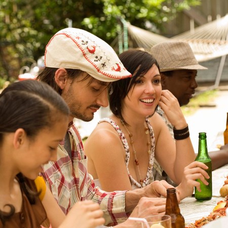 Friends eating at seafood boil