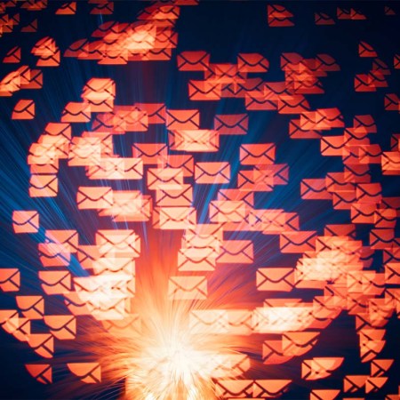 A photo illustration of email symbols floating on a blue backgroud. Companies are using AI to tame (and even write) emails.