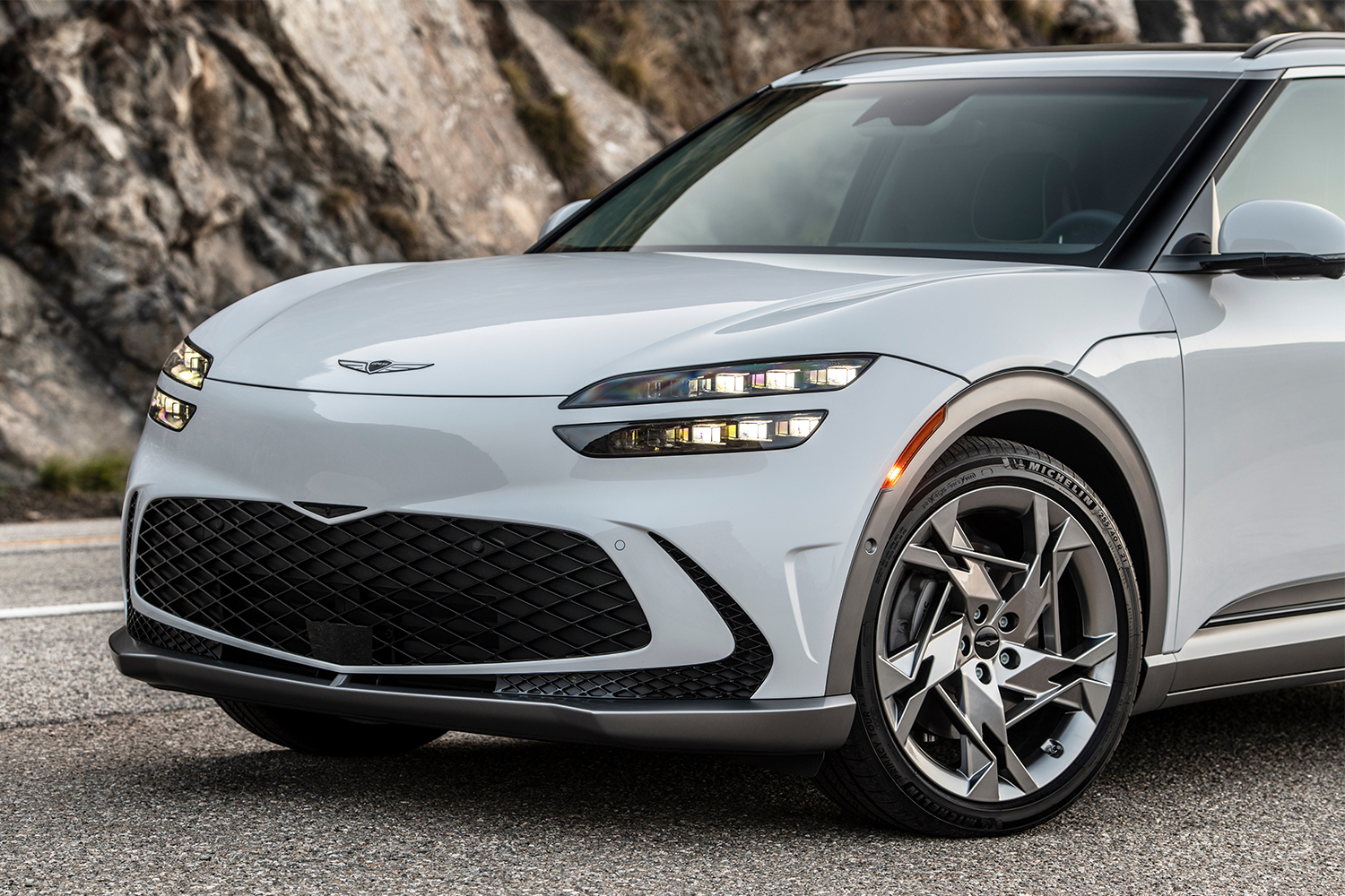 The front end of the 2023 Genesis GV60, the brand's first fully electric vehicle