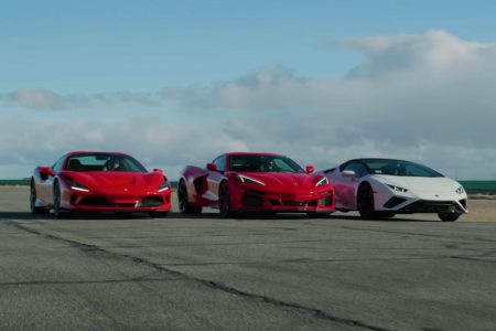 A 2024 Chevrolet Corvette E-Ray hybrid in a drag race against a Ferrari F8 Spider and Lamborghini Huracan Evo RWD Spyder