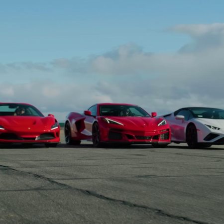 A 2024 Chevrolet Corvette E-Ray hybrid in a drag race against a Ferrari F8 Spider and Lamborghini Huracan Evo RWD Spyder