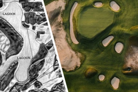 Lido at Sand Valley. Aerial of #15 green (top), #17 (passing through in the middle from right to left), and #10 green (bottom).