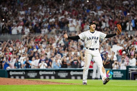 A shot of Shohei Ohtani celebrating Japan's big win.