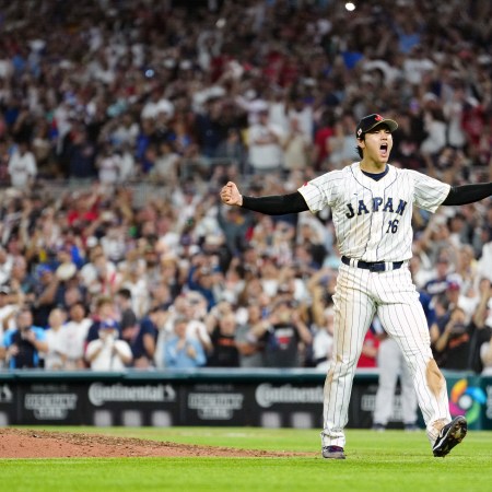 A shot of Shohei Ohtani celebrating Japan's big win.