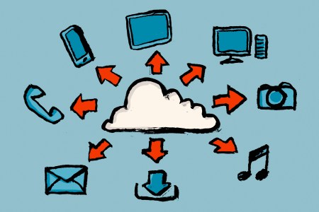 An illustration of a cloud with arrows to various forms of technology.