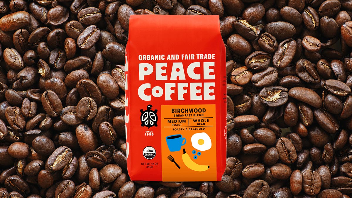 A 12-ounce bag of Peace Coffee Birchwood blend, my favorite coffee beans