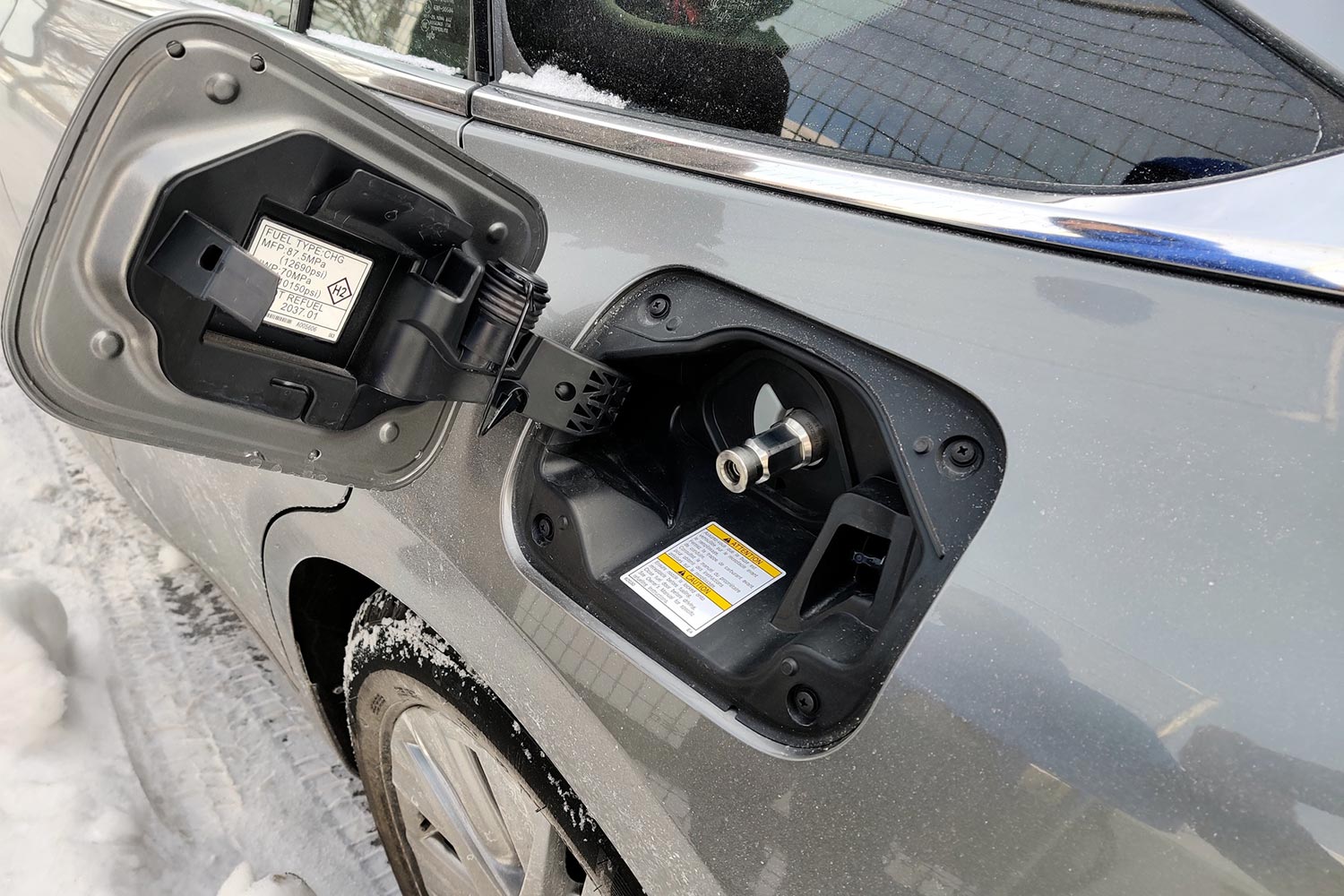 The hydrogen fueling port on a 2023 Toyota Mirai